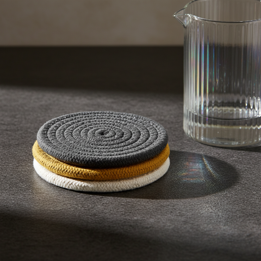 Charcoal, mustard, and ivory hexagonal rope coasters