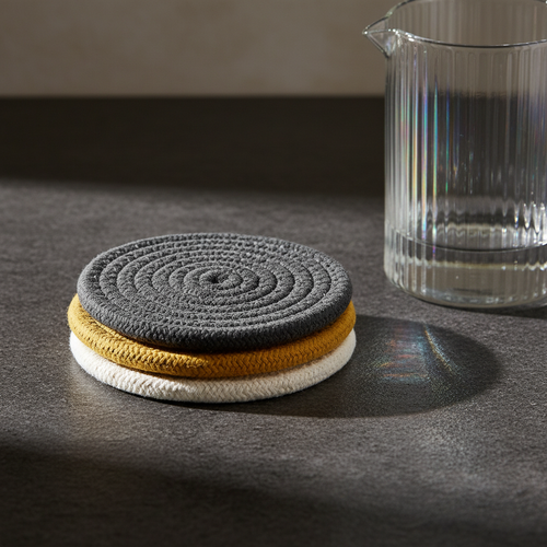 Charcoal, mustard, and ivory hexagonal rope coasters