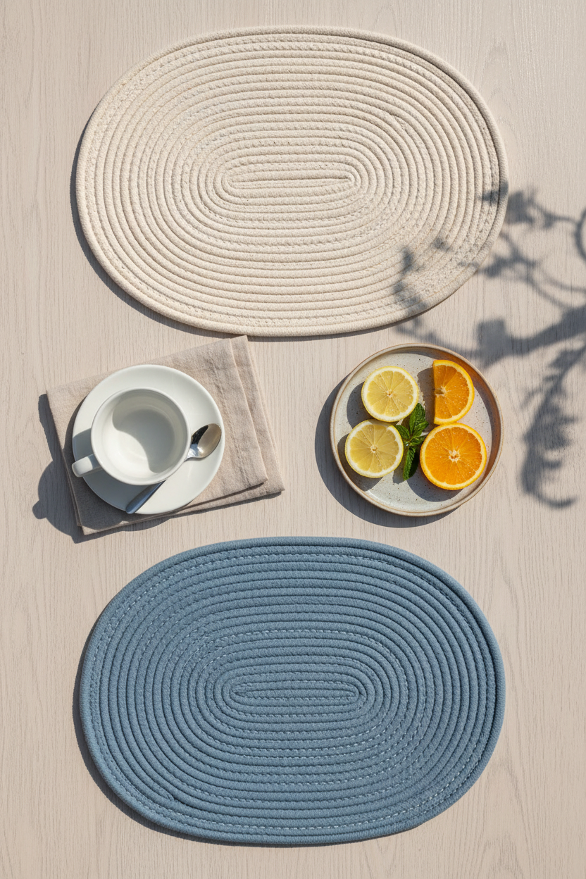 Cream and muted blue oval cotton rope placemats