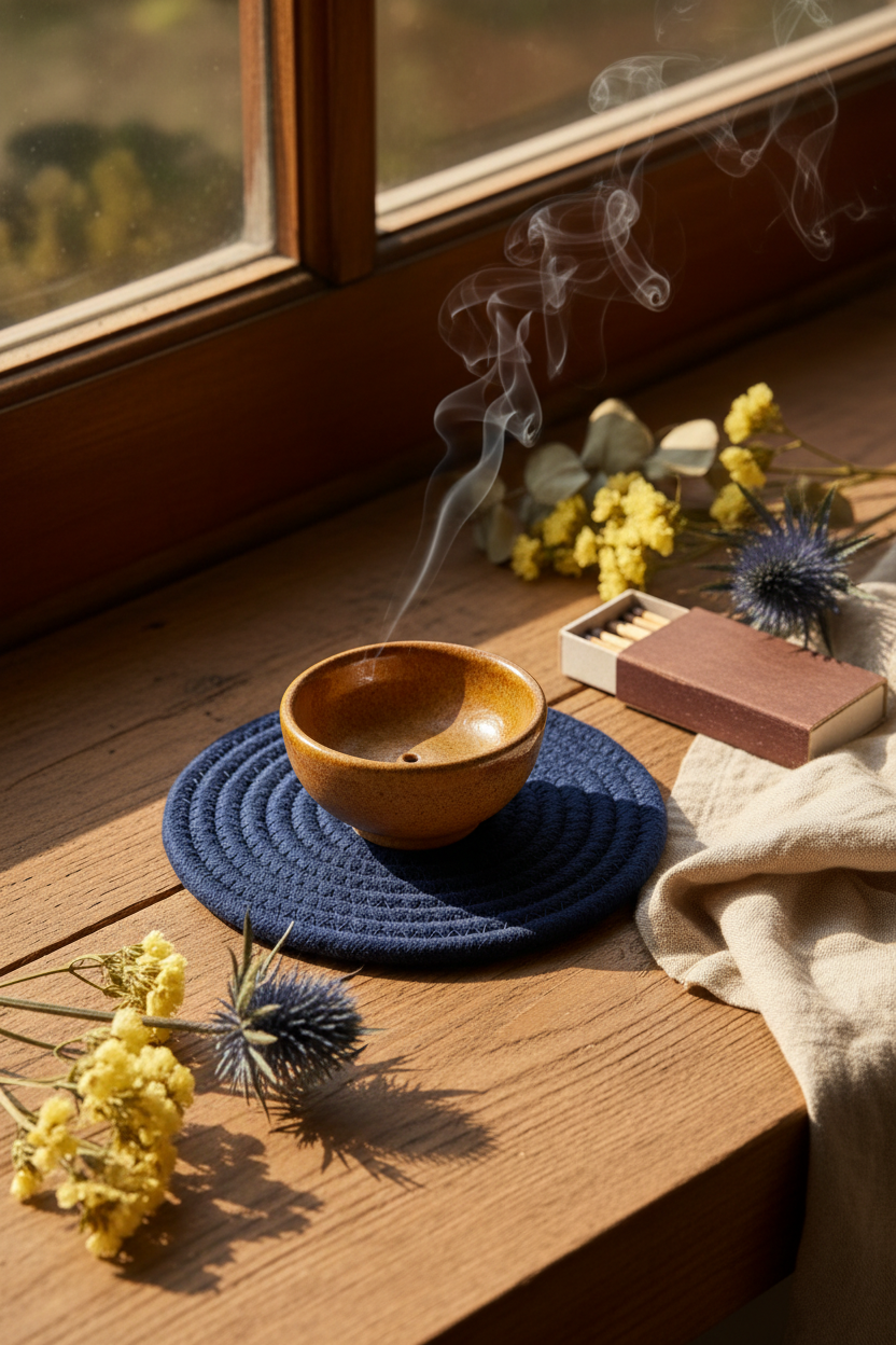 Indigo rope coaster in a calming incense ritual scene