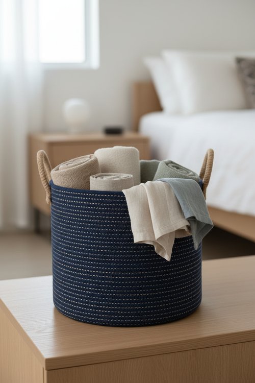 Navy and oatmeal cotton rope basket