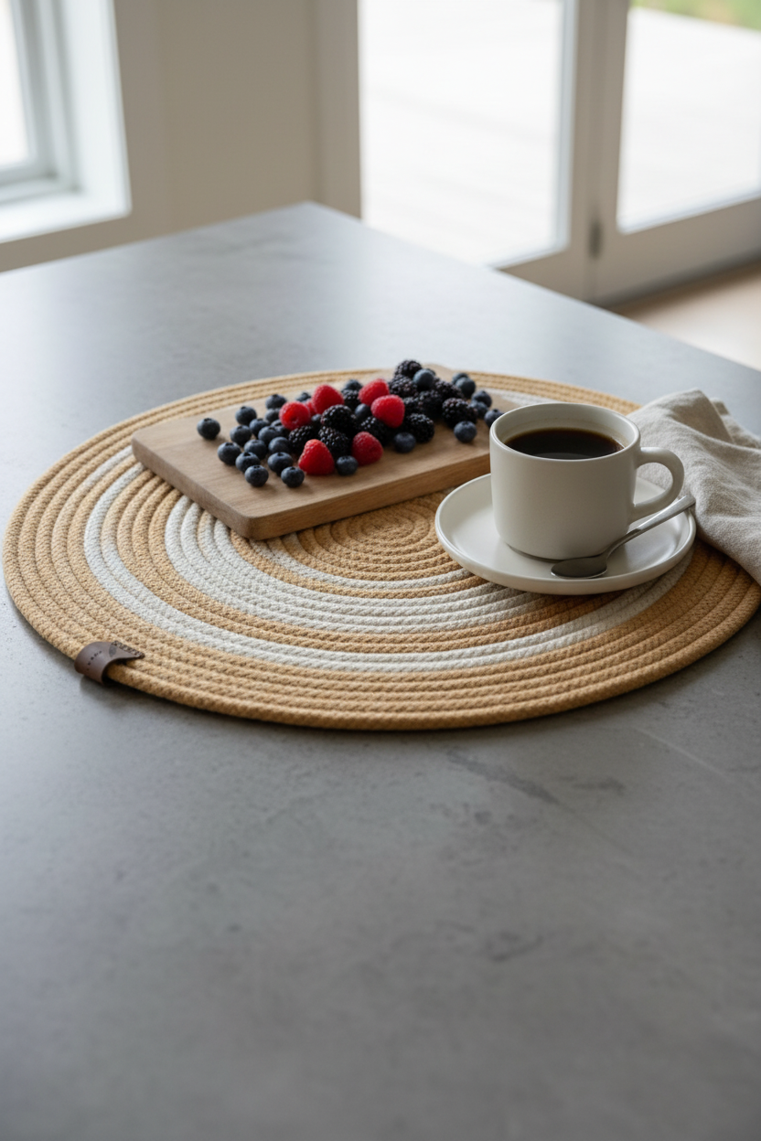 Oval sand and ivory cotton rope serving mat