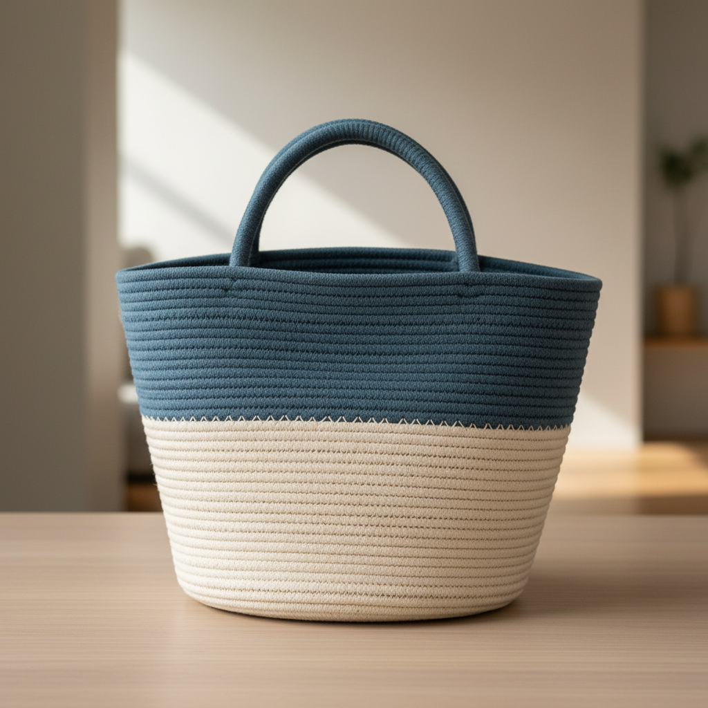 Rounded bucket-shaped coiled-rope tote