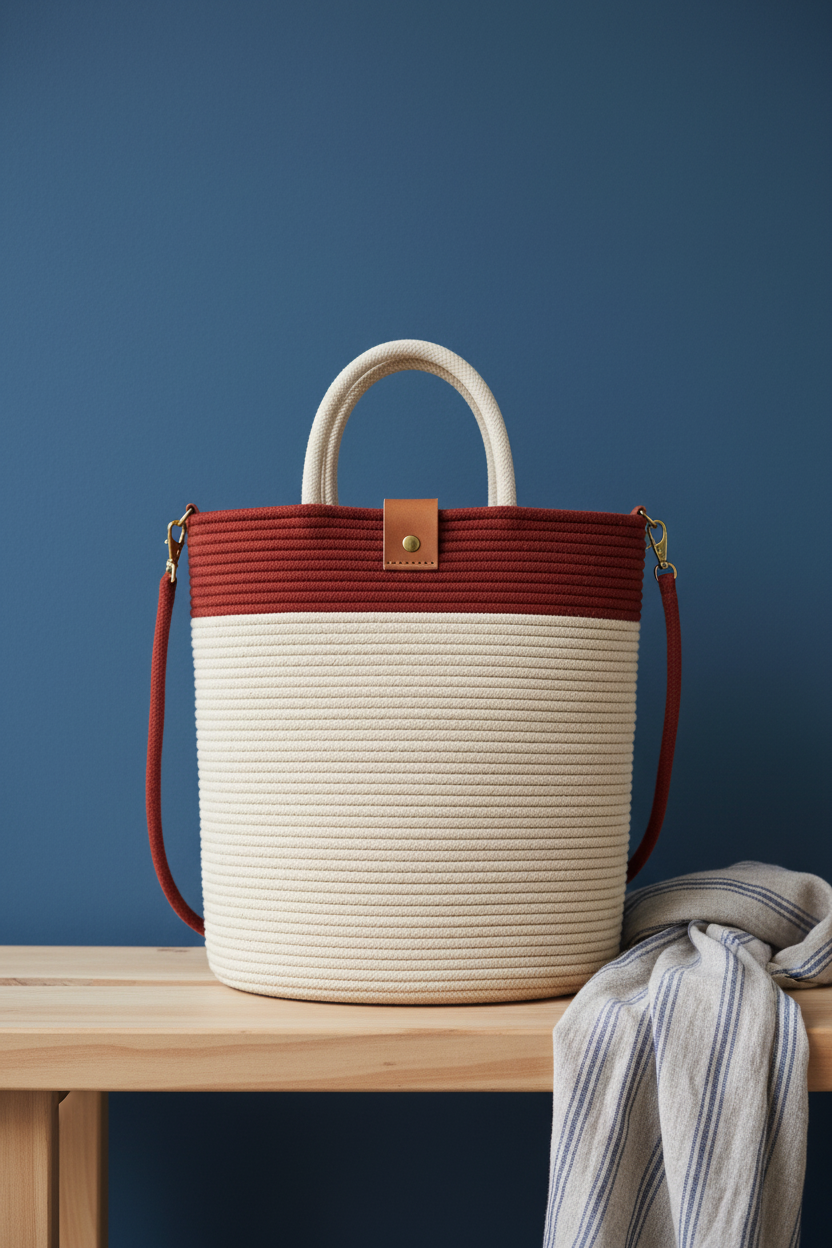 Tall coiled-rope market tote with rust-red trim