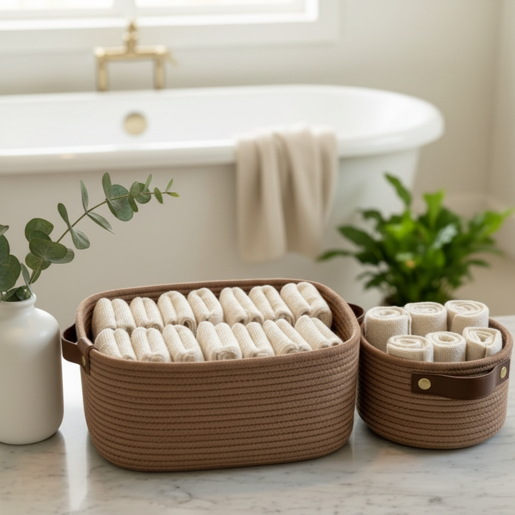 Taupe rope baskets beside a freestanding bathtub